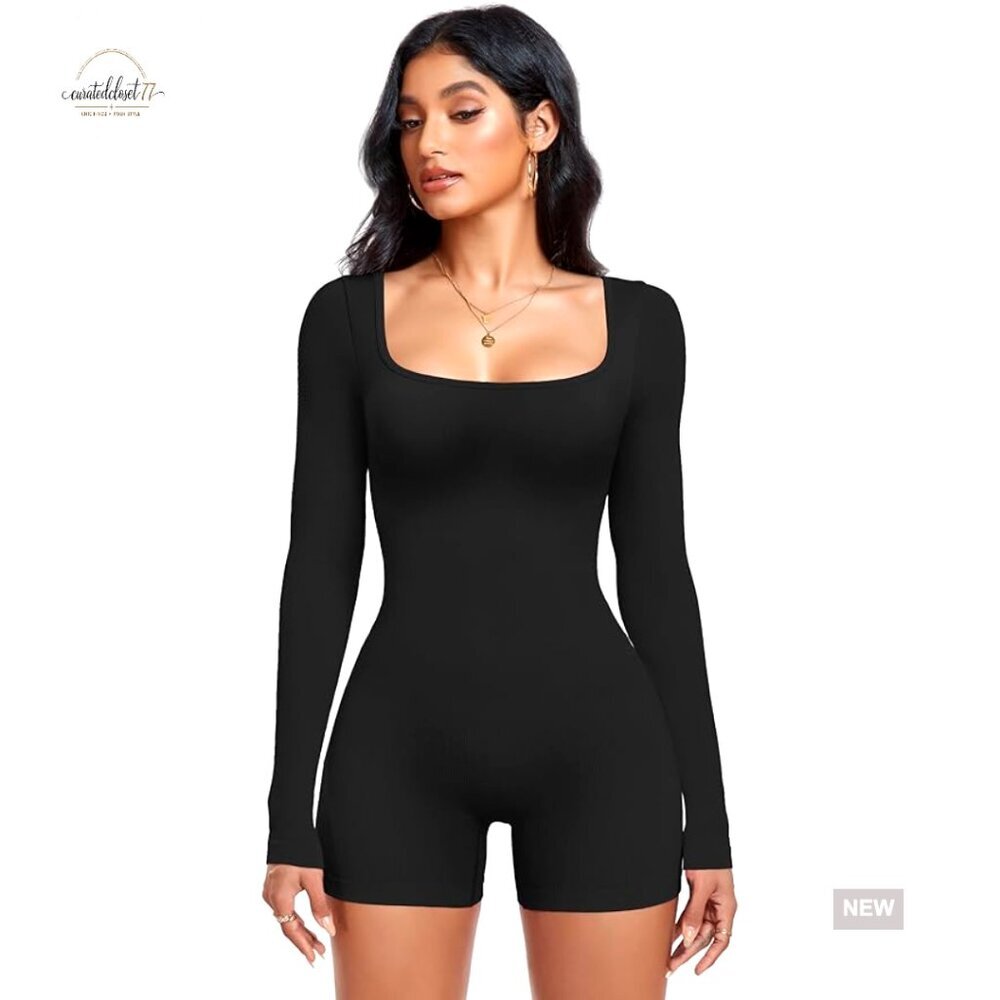 Long Sleeve Ribbed Jumpsuit Square Neck Tummy Control Yoga Romper